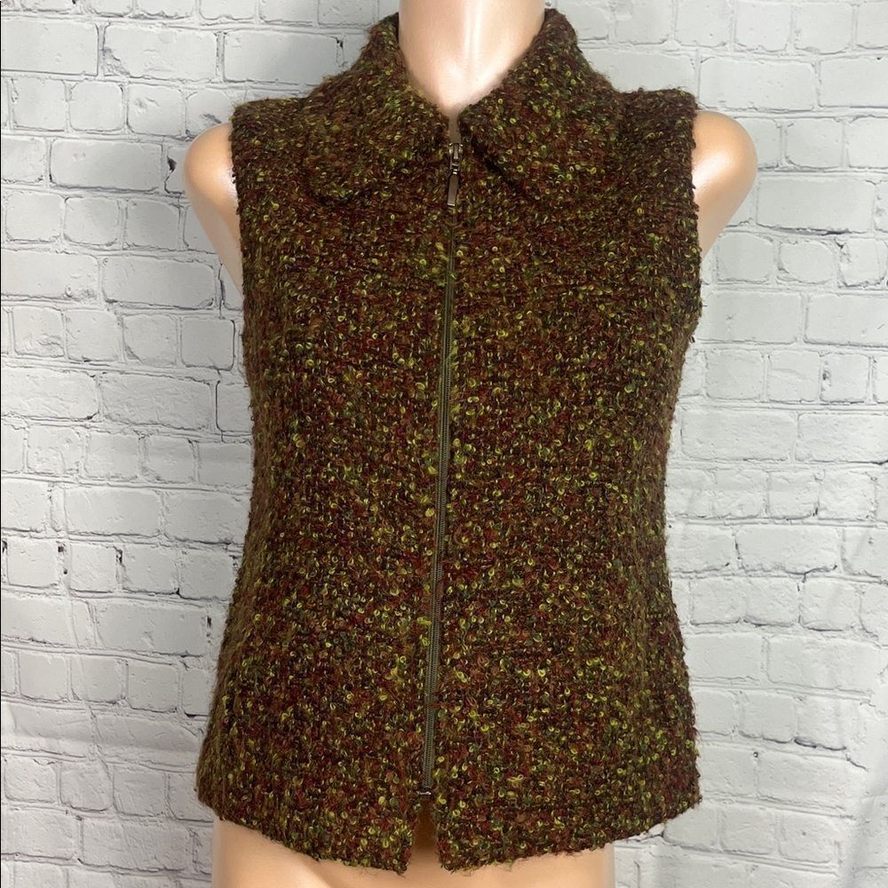 Beyond Threads Brown and Green Boucle Textured Zip-Up Vest Size Small